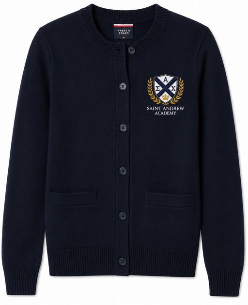 Embroidered Cardigan, Saint Andrew Academy, Navy Crewneck