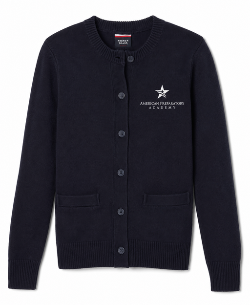 Embroidered Cardigan, American Preparatory Academy, Crew-Neck
