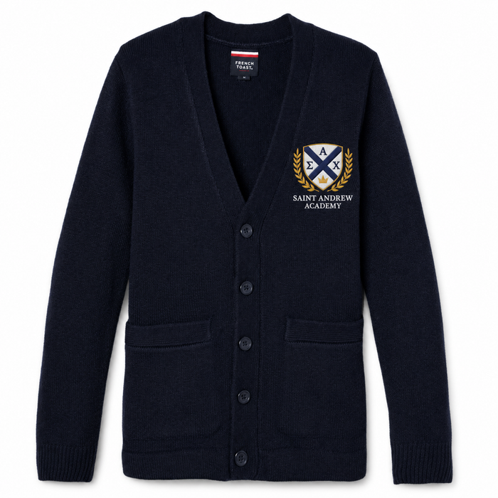 Embroidered Cardigan, Saint Andrew Academy, Navy V-Neck